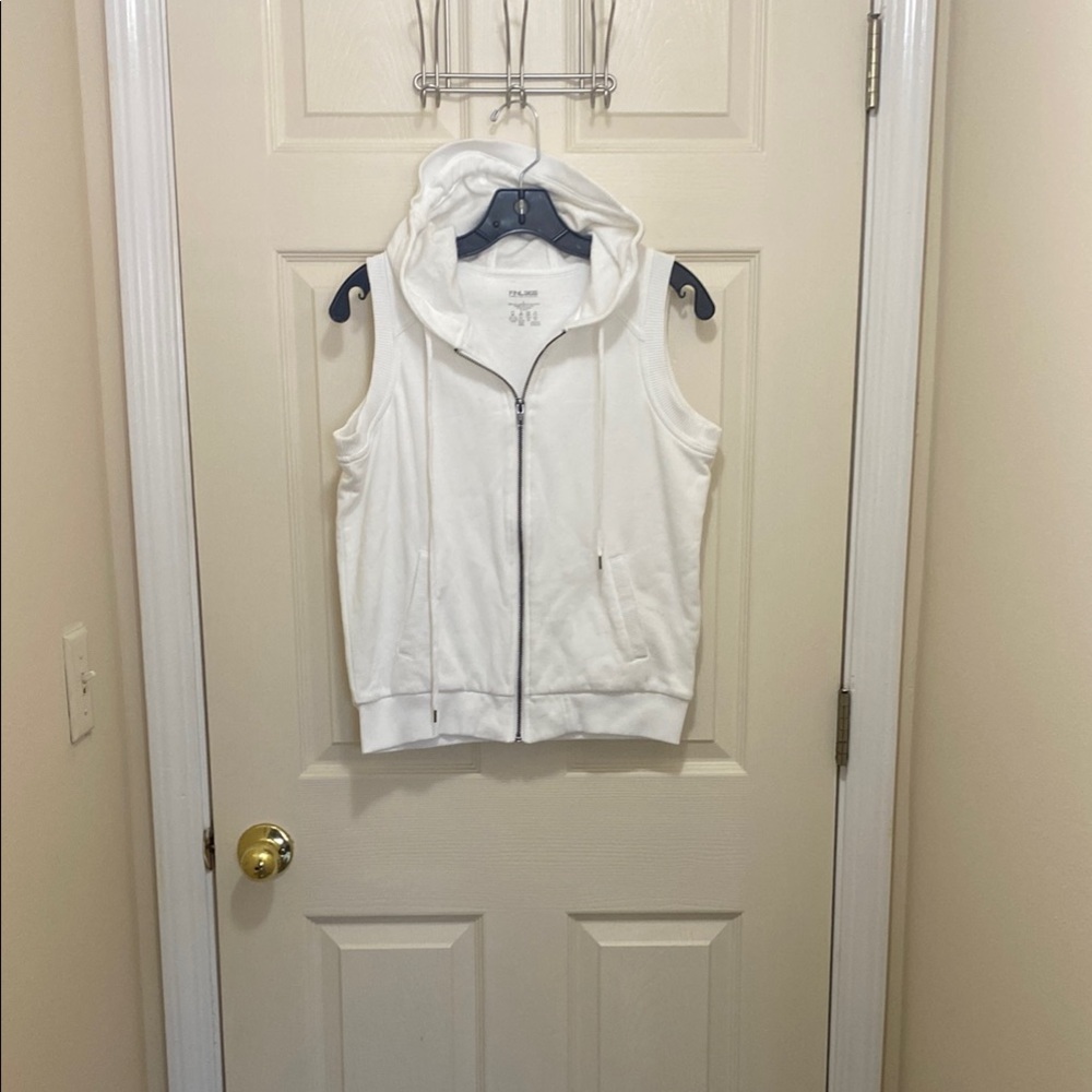 White Sleeveless Sweatshirt Zip-Up Vest With Sun Visor Hoodie